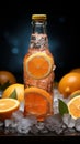 Glass bottle with a zesty orange drink and crushed ice inside