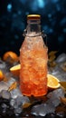 Glass bottle with a zesty orange drink and crushed ice inside