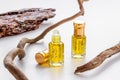 Bottles of agarwood tree oil perfume, close up. Traditional Arabian fragrance Royalty Free Stock Photo