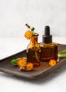 Glass bottles with aroma oil of orange hawkweed flowers. Royalty Free Stock Photo