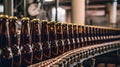 Glass bottles on the background of a conveyor belt with sunlight. Filling bottles with drinks. Generative AI. Royalty Free Stock Photo