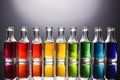 glass bottles with colored liquids in a row