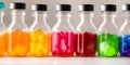 Glass bottles with colorful medicine. Generative AI Royalty Free Stock Photo