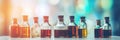 Glass bottles with colorful medicine. Liquid potions and candy in jars. Medical dose medication. Royalty Free Stock Photo