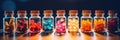 Glass bottles with colorful medicine. Liquid potions and candy in jars. Medical dose medication. Royalty Free Stock Photo