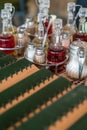 Glass bottles containing oil, vinegar, salt and pepper Royalty Free Stock Photo