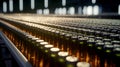 Glass bottles. Conveyor belt with bottles at a beer bottling plant. Beverage packaging shop. Bottles on the conveyor.