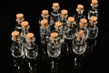 Glass bottles with cork on a black mirror surface with reflections isolated on black background Royalty Free Stock Photo