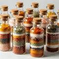 Glass bottles with cork stoppers display layered spices and herbs, creating a visually Royalty Free Stock Photo