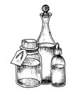 Glass Bottles and decanter with essential oil for aromatherapy and pharmacy. Hand drawn vector illustrations of vintage Royalty Free Stock Photo