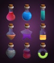 Glass bottles at different shapes with various liquid poison. Tools for game design projects