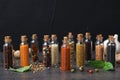 Glass bottles with different spices Royalty Free Stock Photo