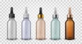 Glass bottles with dropper. 3d realistic cosmetic blank vials for essential oil liquid, collagen serum vector mockup Royalty Free Stock Photo