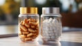 Two glass jars filled with different types of pills Royalty Free Stock Photo