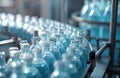 Glass bottles filled with blue liquid move along production line. Pharmaceutical manufacturing process involves automatic Royalty Free Stock Photo