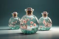 Glass bottles with flower extract. Neural network AI generated