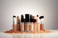 Glass bottles of foundation, concealer, and corrective creams for a seamless makeup base