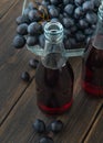 Glass bottles of fresh young red wine with a bunch of black grapes Royalty Free Stock Photo