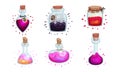 Glass Bottles and Jars with Potion Corked with Bottle Cap and Lid Vector Set