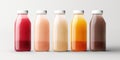 Glass bottles with juice and smoothies of different colors isolated on a white background Royalty Free Stock Photo