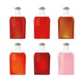 Glass bottles with liquid, transparent containers for different products Royalty Free Stock Photo