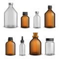 Glass bottles medical set. Realistic brown and transparent blank packaging collection, pharmacy syrup drugs 3d container, Royalty Free Stock Photo