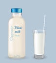 Glass bottles with milk. Whole milk. Organic milk