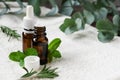 glass bottles with natural essential oils on a white towel with mint, rosemary and eucalyptus leaves