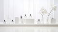 Glass bottles with perfume. White luxury perfume store. Creating fragrances