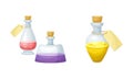 Glass bottles with potion. Magical elixirs. Witchcraft objects set cartoon vector illustration Royalty Free Stock Photo