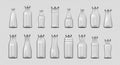 Glass bottles. Realistic empty 3D containers for milk, water, coffee and juice advertising. Collection closed packages