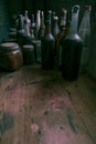 Glass bottles in an old kitchen. Lots of room for text. Royalty Free Stock Photo