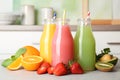 Bottles with tasty juices and ingredients on table Royalty Free Stock Photo