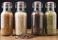 glass bottles with various sorts of rice Royalty Free Stock Photo
