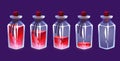 Glass bottles with varying amounts magic elixir. Red liquid, full and empty jar. Game ui isolated interface objects