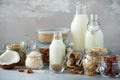 Glass bottles of vegan plant milk and almonds, nuts, coconut, hemp seed milk on grey concrete background. Banner with copy space. Royalty Free Stock Photo