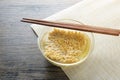 Glass bowl , chopsticks and instant noodle on the wooden table Royalty Free Stock Photo