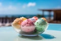 Glass bowl with colorful ice cream balls. Generate ai Royalty Free Stock Photo