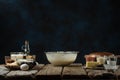 The glass bowl with dough on wooden table with variety of ingredients on dark blue background. Backstage of preparing sweet Royalty Free Stock Photo