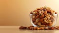 Glass bowl filled with assorted mixed nuts on a smooth surface. Royalty Free Stock Photo