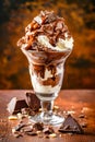 Glass bowl filled with chocolate and vanilla ice cream with chocolate sauce on top. Generative AI Royalty Free Stock Photo