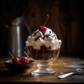 A glass bowl filled with ice cream and cherries. AI generative image Royalty Free Stock Photo