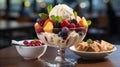 A glass bowl filled with ice cream and fruit. Generative AI. Royalty Free Stock Photo