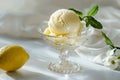A glass bowl filled with ice cream and a lemon slice Royalty Free Stock Photo