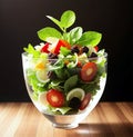 a glass bowl filled with a salad with fruit and vegetables