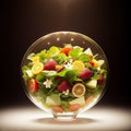 a glass bowl filled with a salad with fruit and vegetables