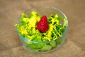 Glass bowl with fresh green salad pained fresh fruit Royalty Free Stock Photo