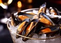 Glass bowl with fresh sea mussels in fine food restaurant.Macro.AI generative