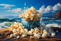 A glass bowl of freshly-cooked popcorn. Tasty snack on the beautiful seashore at daytime. Generative AI Royalty Free Stock Photo