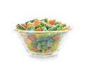 Glass bowl with frozen vegetables on white background Royalty Free Stock Photo